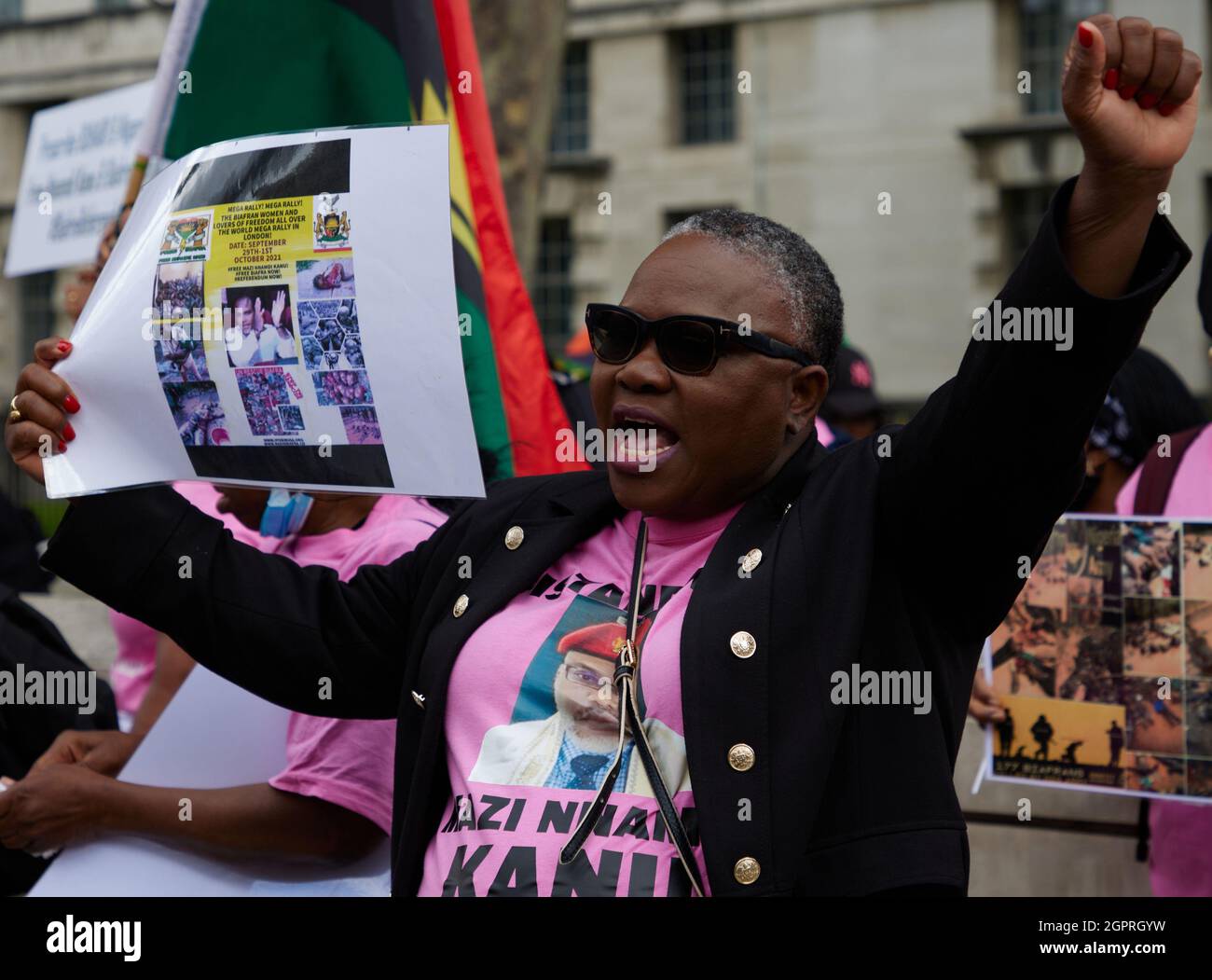 London, UK. 29th September 2021. Biafran people in diaspora protesting at the Biafra Women London Mega Rally in central London asking for British help of the release of the British citizen Mazi Hnamdi Kanu from Nigerian jail, international attention to the breaches of human rights against its people and for a referendum for the independence of Biafra. Alamy Reportage / Joe Kuis Stock Photo