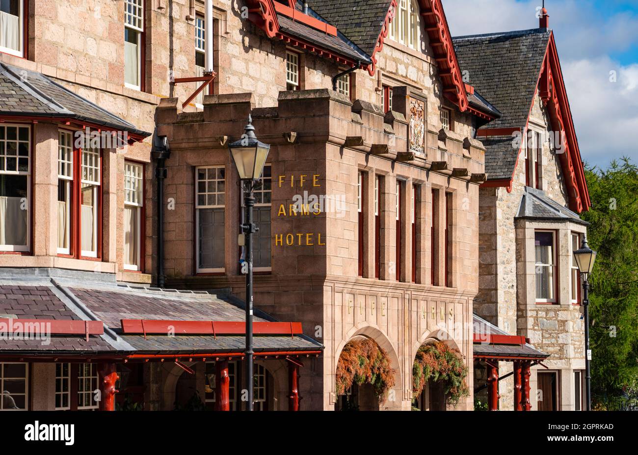 Exterior view of exclusive upmarket the Fife Arms Hotel in Braemar, Aberdeenshire, Scotland, UK