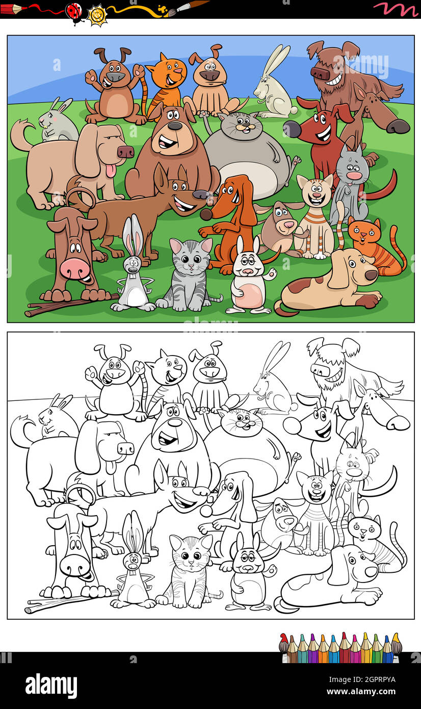 cartoon dogs and cats and rabbits characters coloring book page Stock Vector