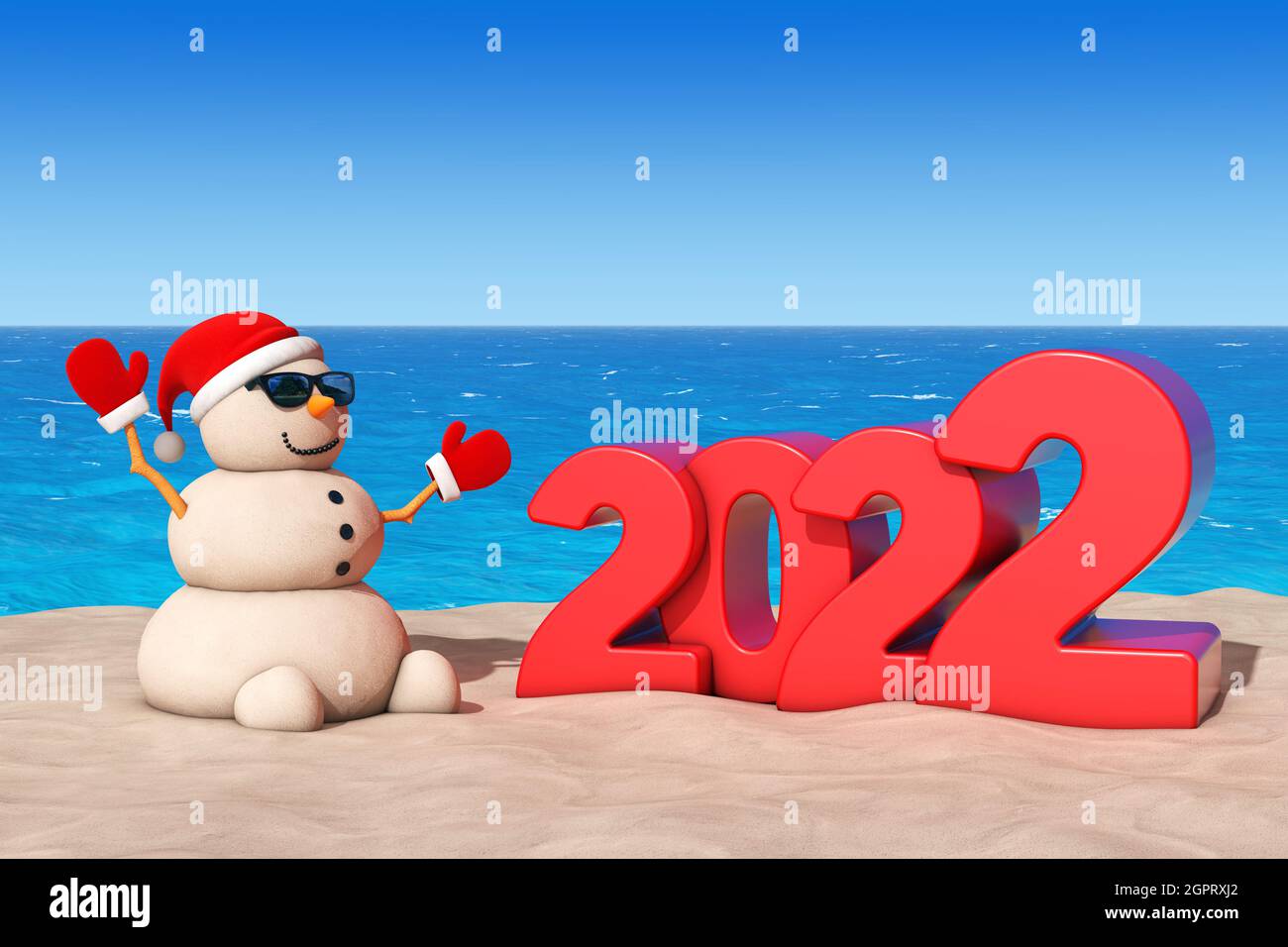 Christmas Beach Holidays 2022 Sandy Christmas Snowman At Sunny Beach With 2022 New Year Sign Extreme  Closeup. 3D Rendering Stock Photo - Alamy