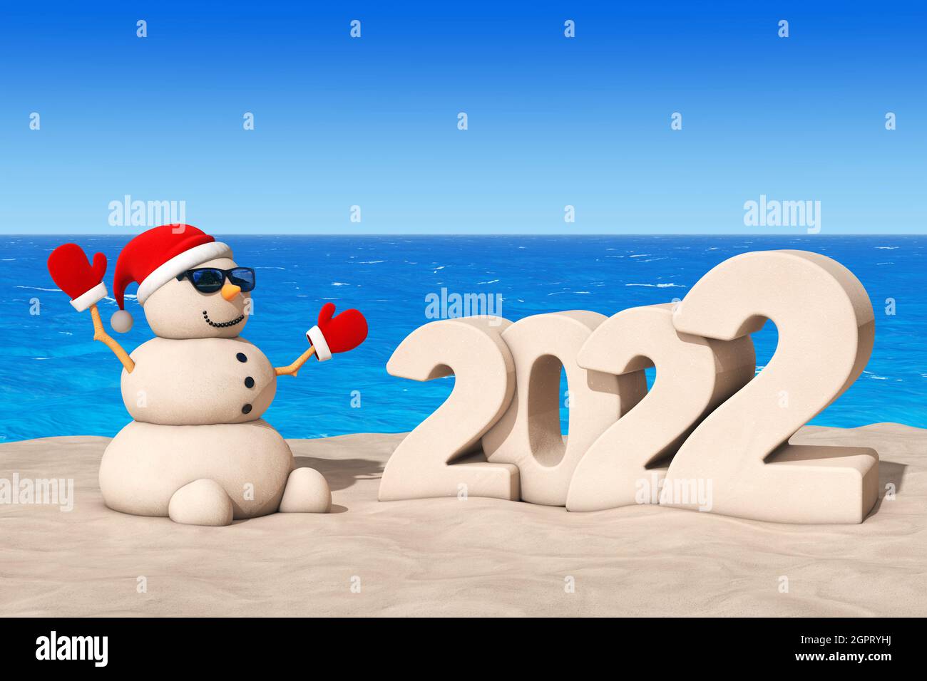 Christmas By The Sea 2022 Sandy Christmas Snowman At Sunny Beach With 2022 New Year Sign Extreme  Closeup. 3D Rendering Stock Photo - Alamy