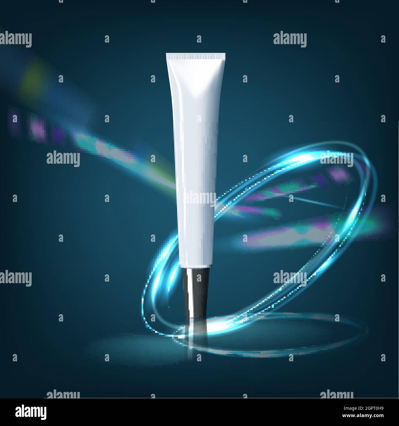 Refreshing skin care tube ads, elegant cosmetic product with chiffon isolated on bokeh light blue background illustration Stock Vector