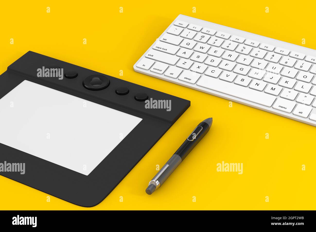 Professional Graphics Tablet with Digitized Pen near Computer Keyboard on a  yellow background. 3d Rendering Stock Photo - Alamy, image size:1300x956