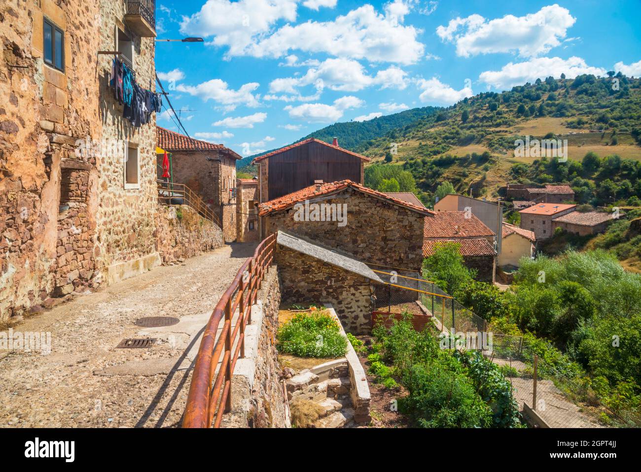 Street and landscape. Montenegro de Cameros, Soria province, Castilla Leon, Spain. Stock Photo