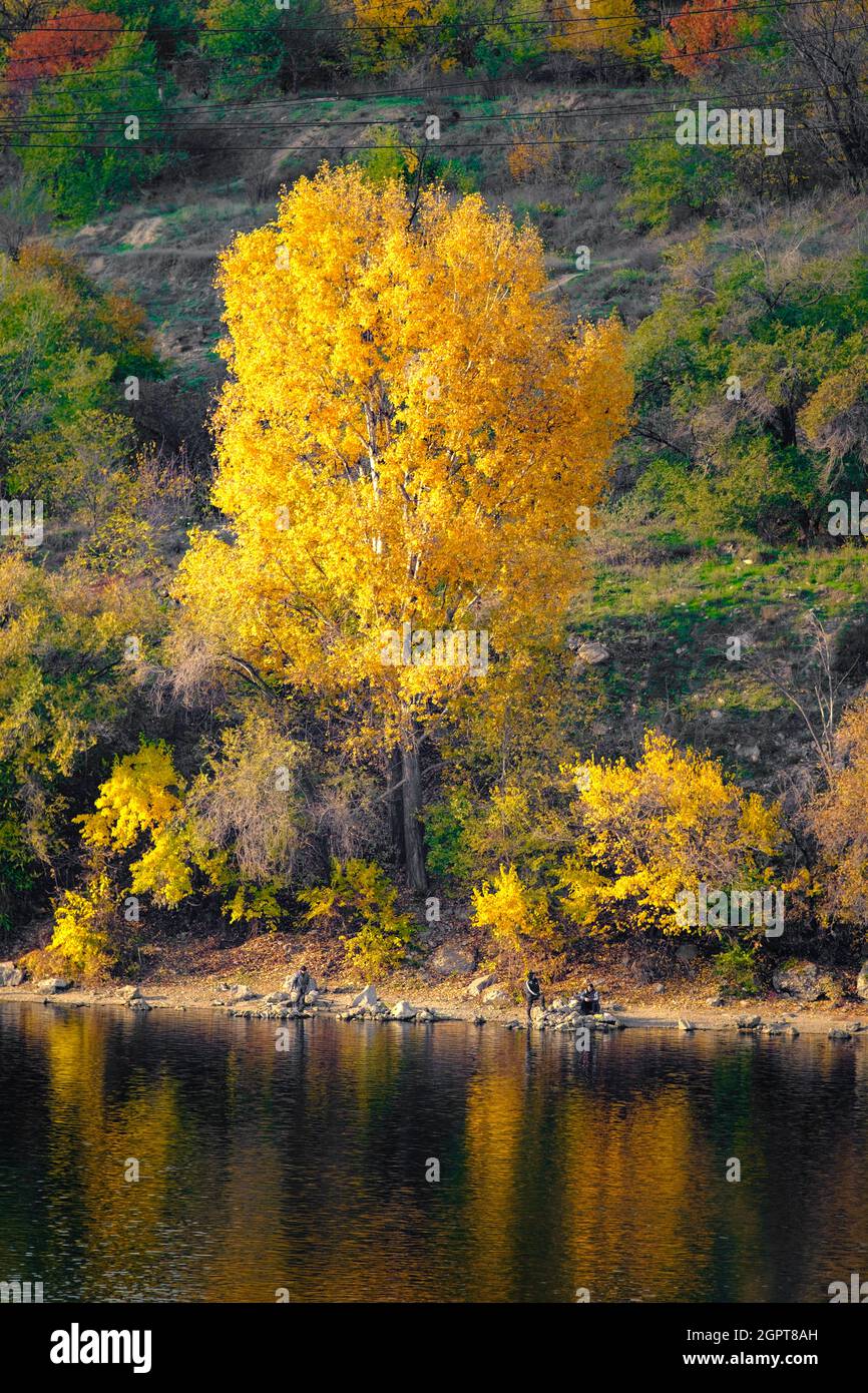 Fantastic autumn landscape on the river. Colorful morning view of autumn yellow and green trees with reflection on water. Beauty of nature Stock Photo