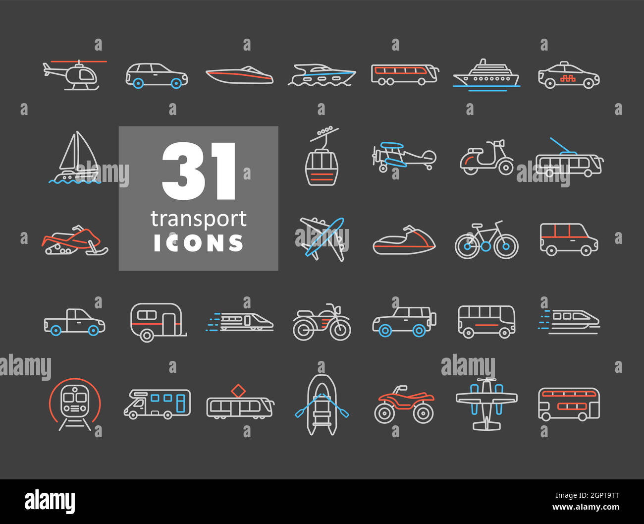 Transportation vector flat icon set isolated on dark background Stock Vector