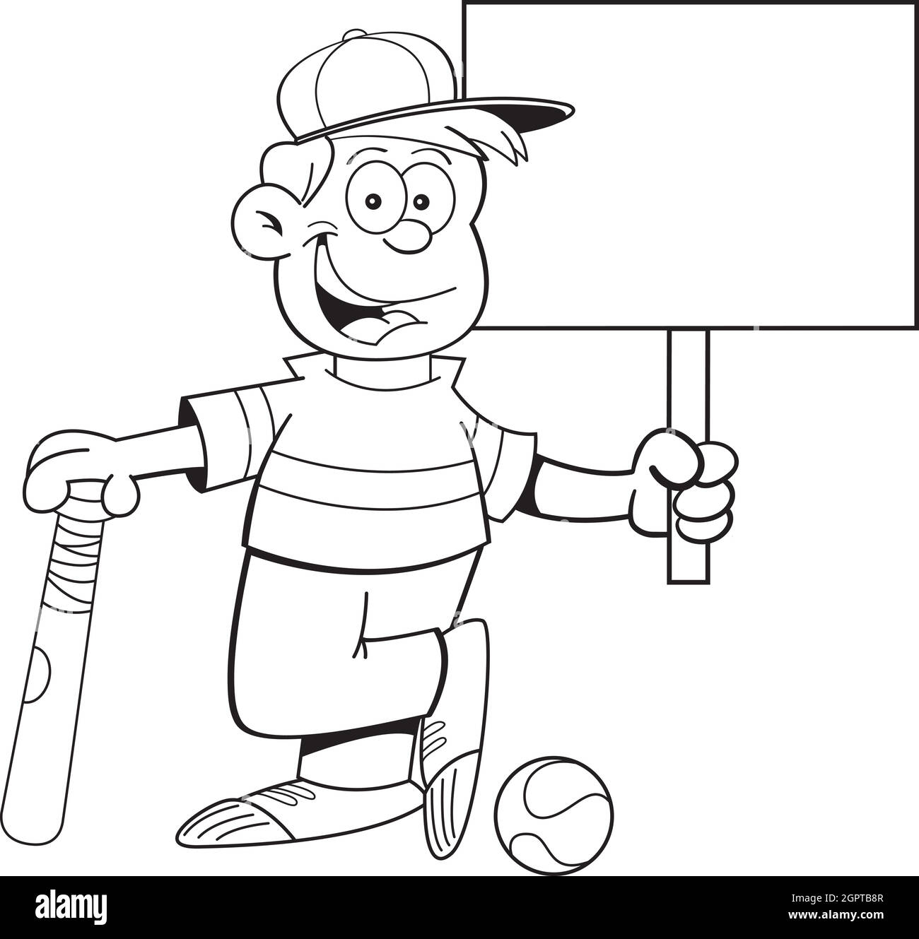 Black and white illustration of a boy wearing a baseball cap and ...