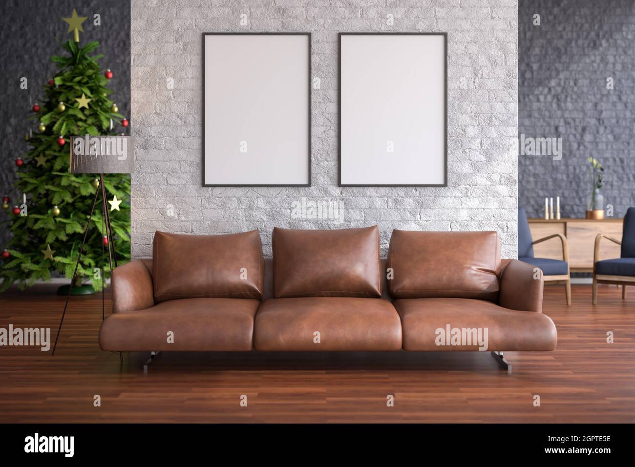 Living room with large Windows and christmas tree, sofa, floor lamp, white brick divider wall with two large empty frame mockups. Stock Photo
