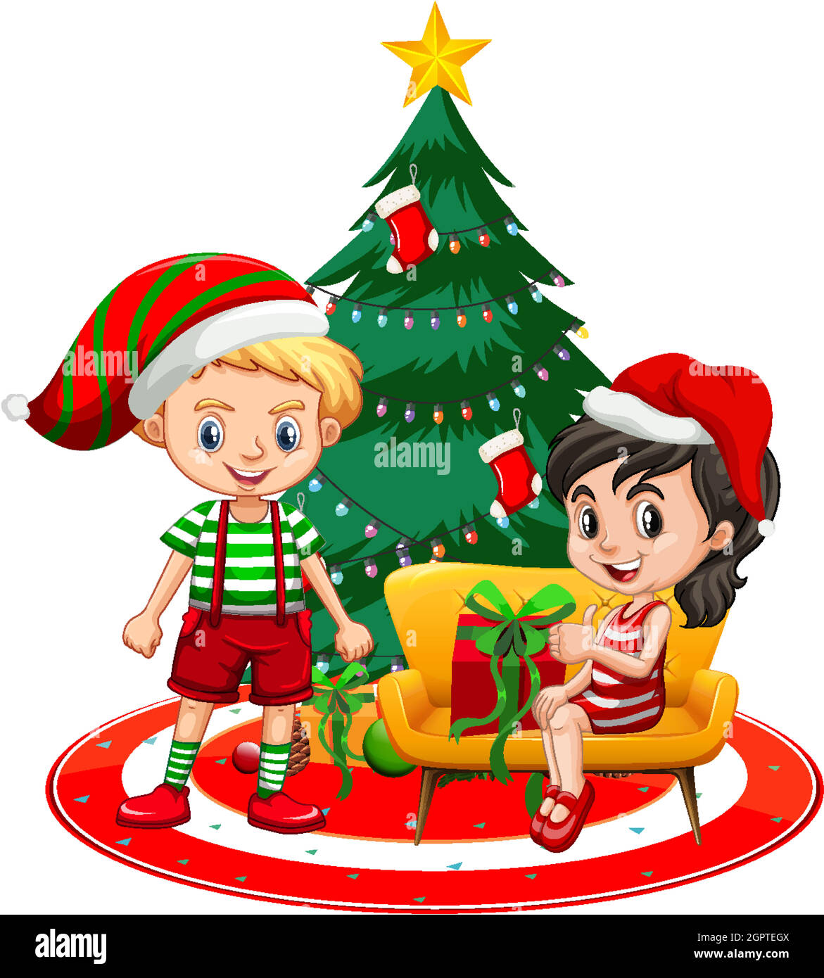 Children wear Christmas costume cartoon character with Christmas tree