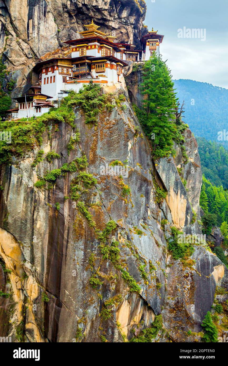 Paro Taktsang, also known as the Tiger's Nest is a sacred Vajrayana Himalayan Buddhist site located in the cliffside of Paro valley in Bhutan. Stock Photo