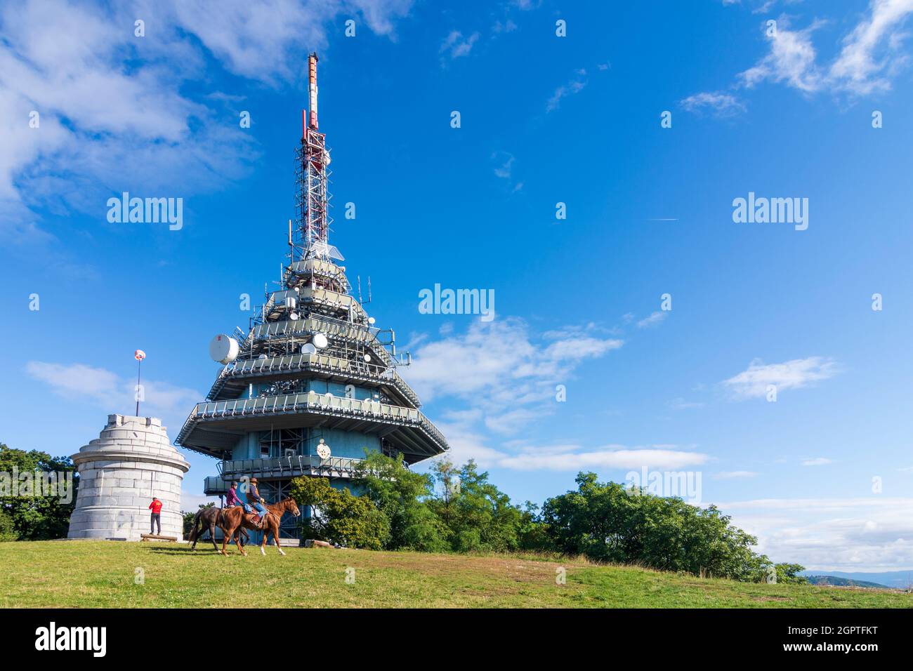 Nitra (Neutra): radio tower on Zobor mountain, horsemen in , , Slovakia Stock Photo
