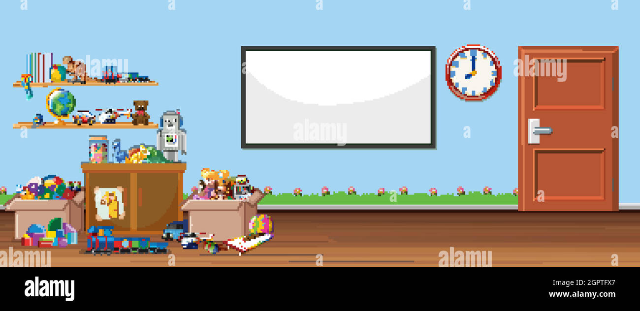 Background scene with whiteboard and toys Stock Vector
