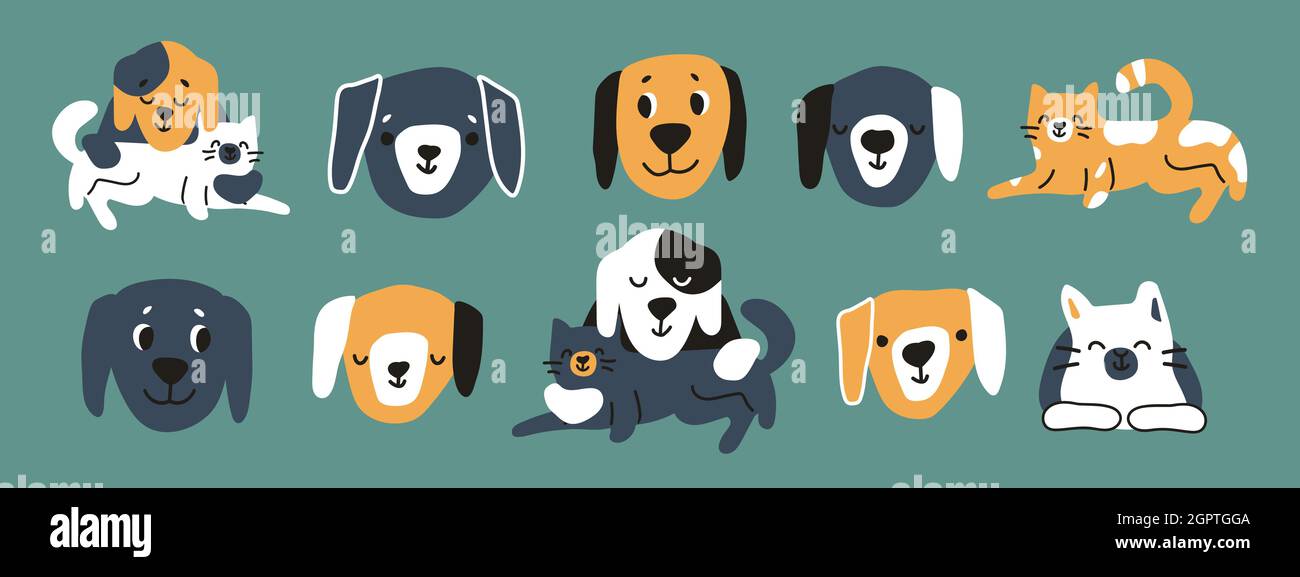 Group of hand drawn vector dogs or puppies with cats. Faces and pets can be used for children books or as print for clothes Stock Vector