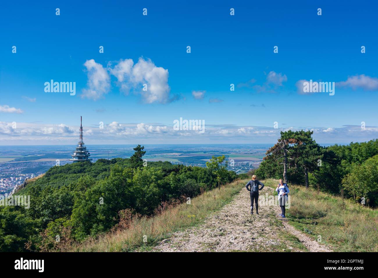 Nitra (Neutra): radio tower on Zobor mountain, hiker in , , Slovakia Stock Photo