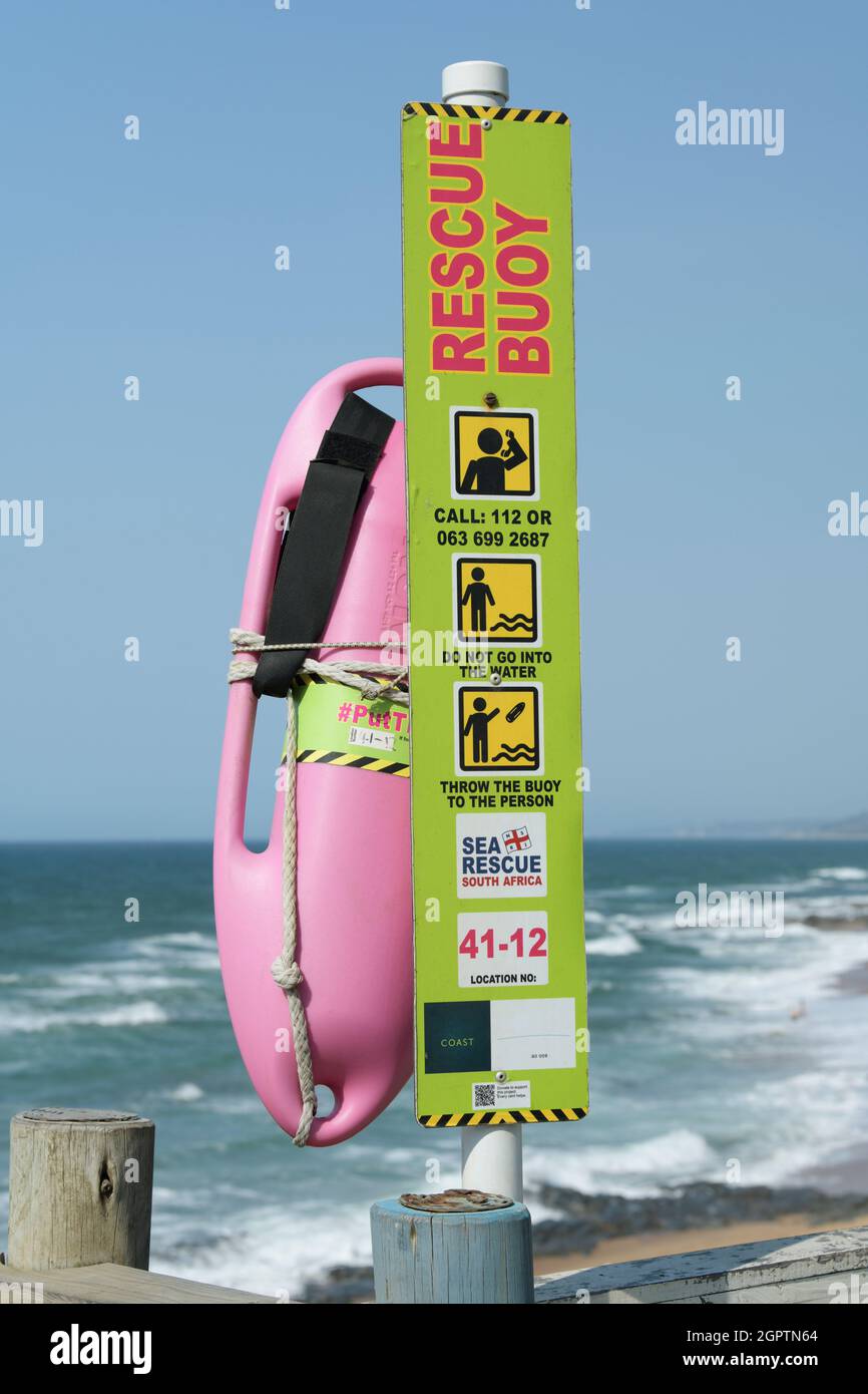 Emergency surf life saving device, rescue buoy, beach, first responder, Durban, South Africa, seaside water safety, illustration, floatation equipment Stock Photo