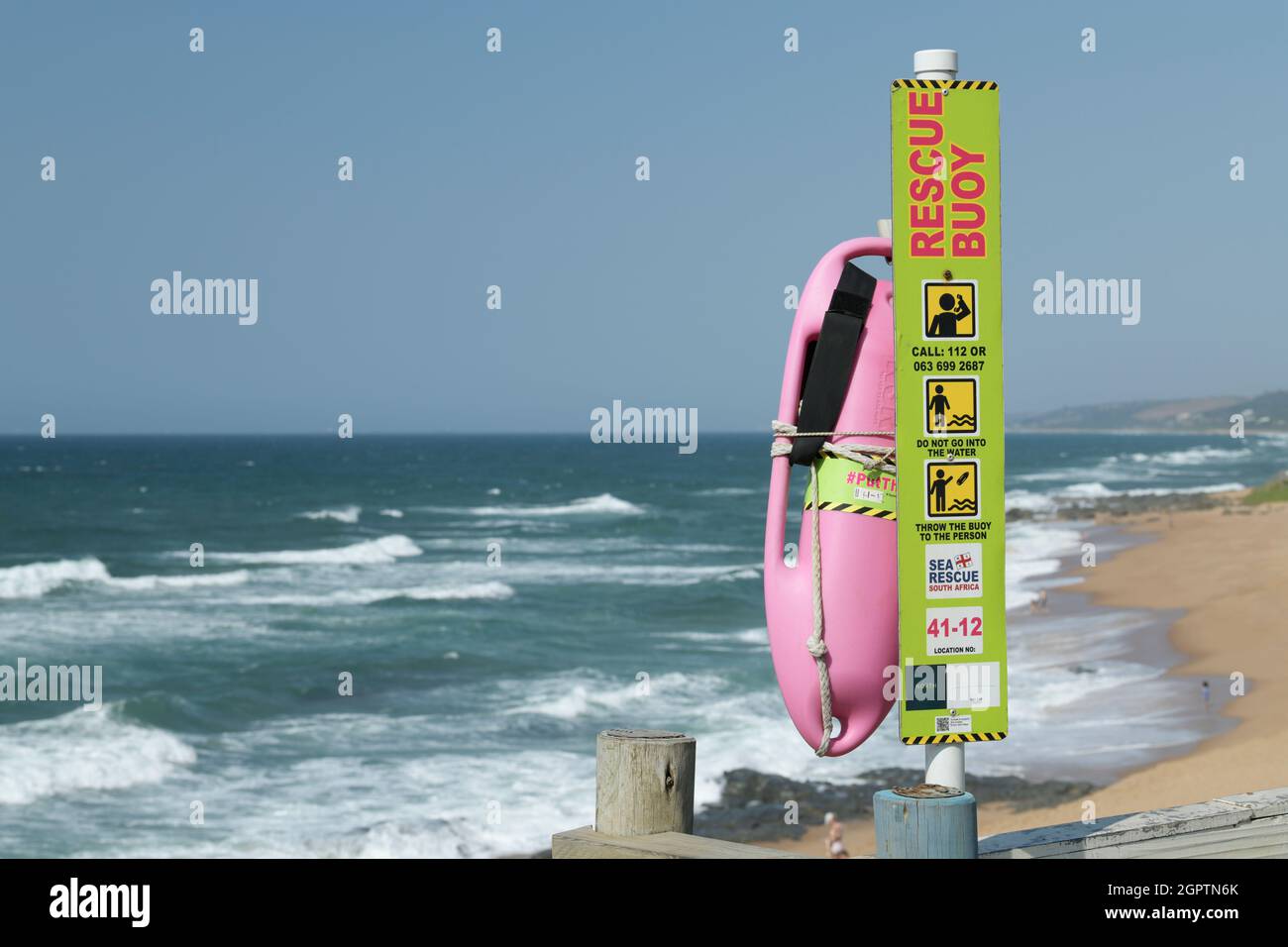 Emergency surf life saving device, rescue buoy, beach, first responder, Durban, South Africa, seaside water safety, illustration, floatation equipment Stock Photo