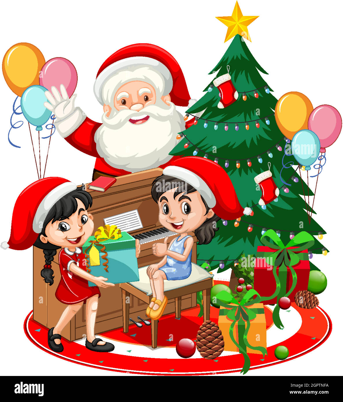 Santa Claus with two girls playing piano with christmas tree on white background Stock Vector