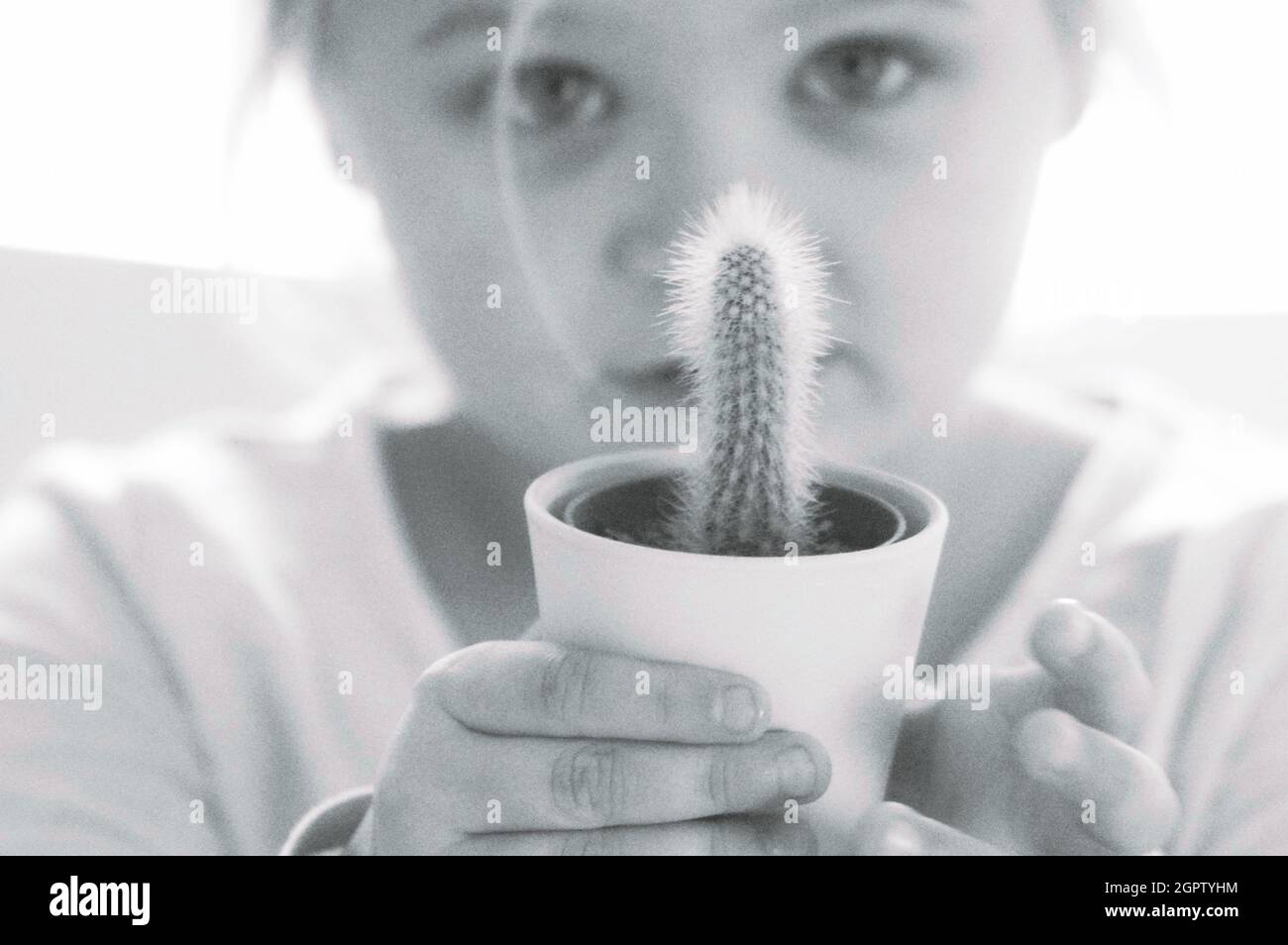Girl Holding A Potted Cactus Stock Photo