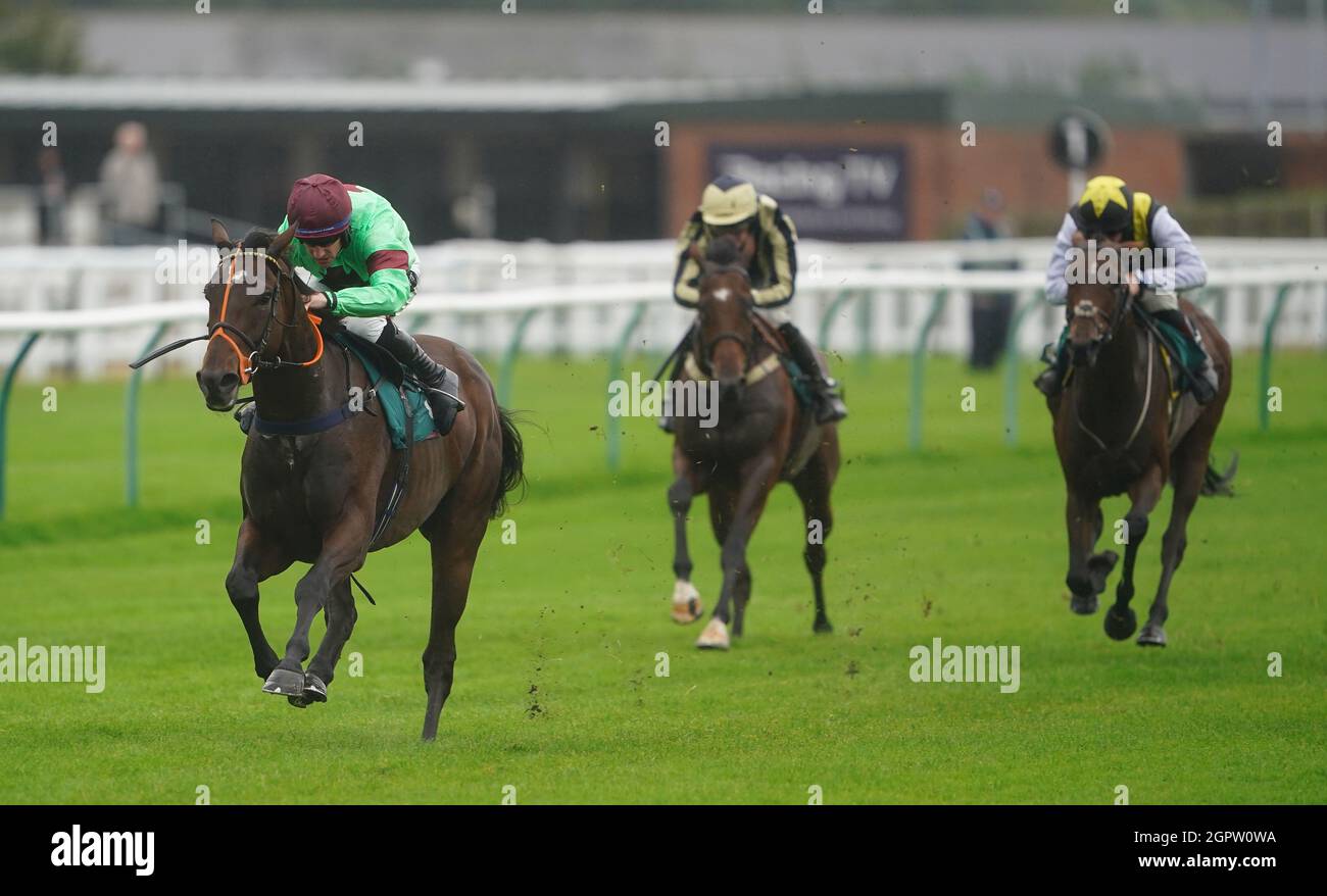 Lyrical Genius ridden by Brian Hughes goes on to win The Dreamland Bedding Open NH Flat Race at Warwick Racecourse. Picture date: Thursday September 30, 2021. Stock Photo
