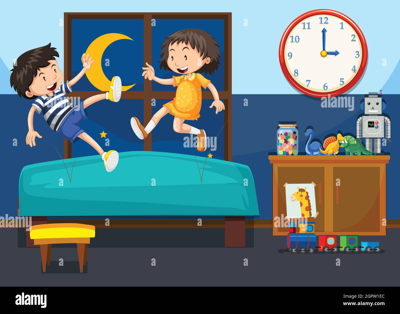 Boy and girl playing on the bed Stock Vector