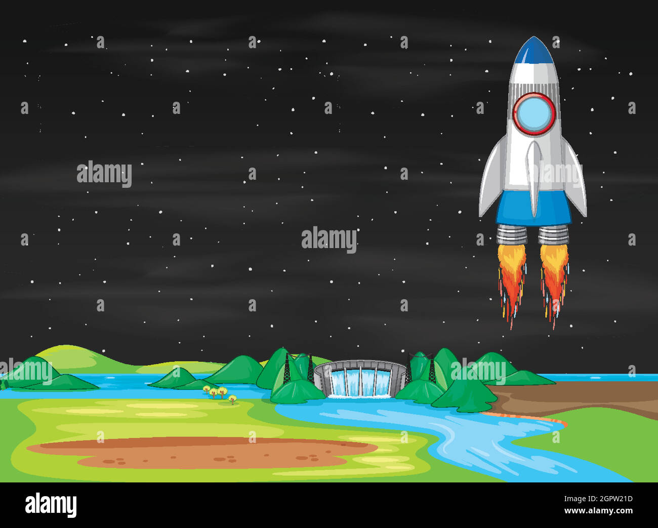 Scene with spaceship flying in the sky Stock Vector Image & Art - Alamy