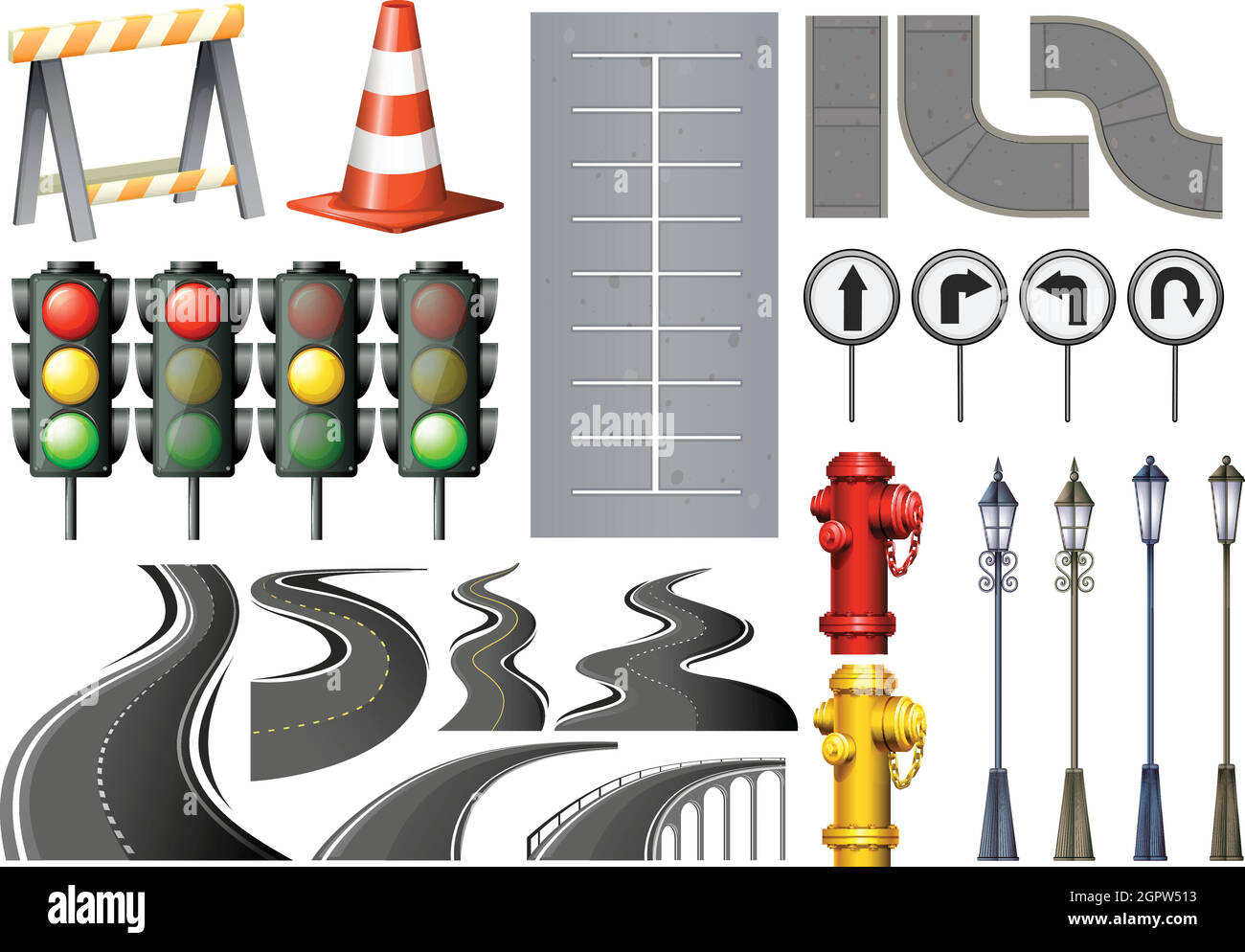 Different items and safety equipment for traffic Stock Vector