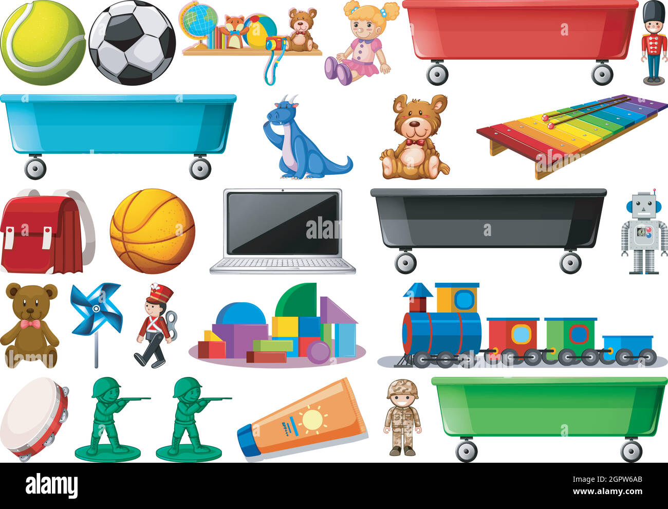 Collection of toys including sports balls, doll, computer, train and