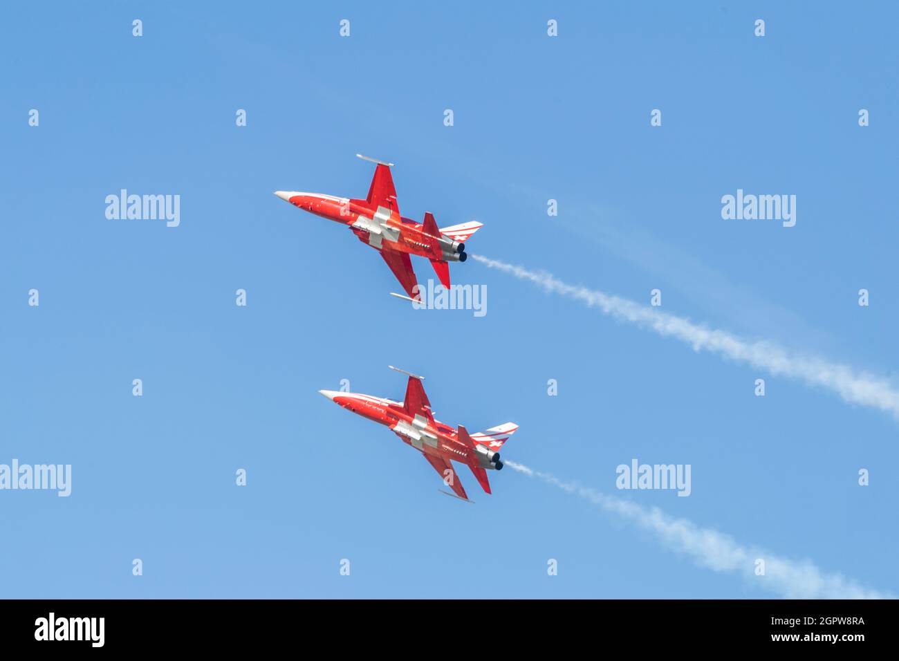 Payerne, Switzerland. 09th Mar, 2021. Swiss Air Force Aerobatic Team  perform during the commemoration day of the 100 years of the Swiss Air  Force air base in Payerne (Photo by Eric Dubost/Pacific