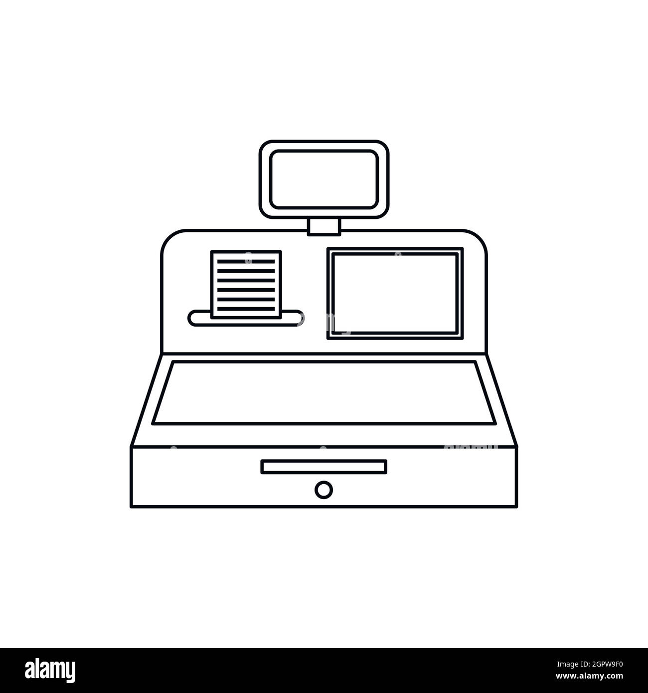 Cash register with cash drawer icon, outline style Stock Vector