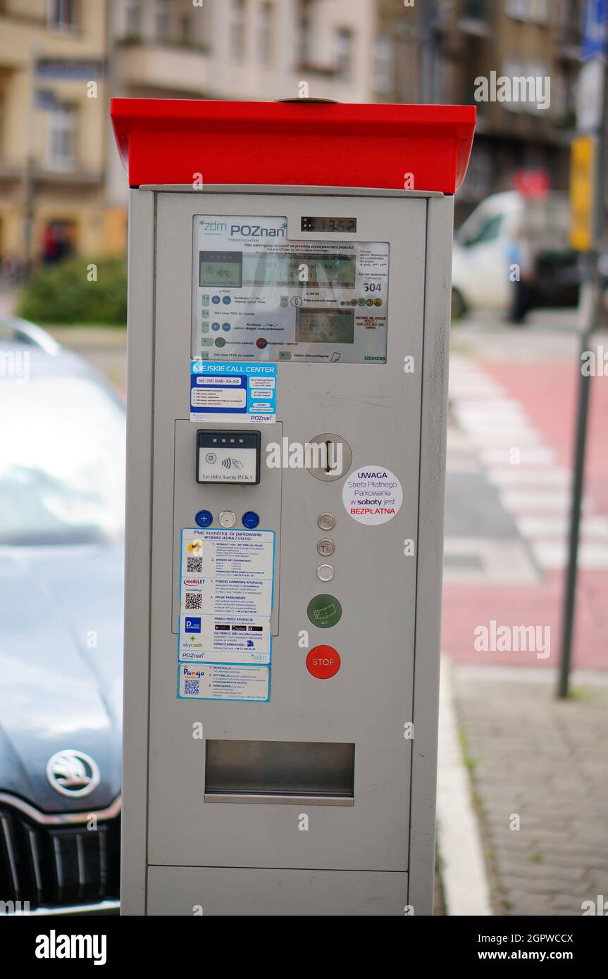 POZNAN, POLAND - Jul 14, 2017: the Front of a parking machine with display and buttons. Stock Photo