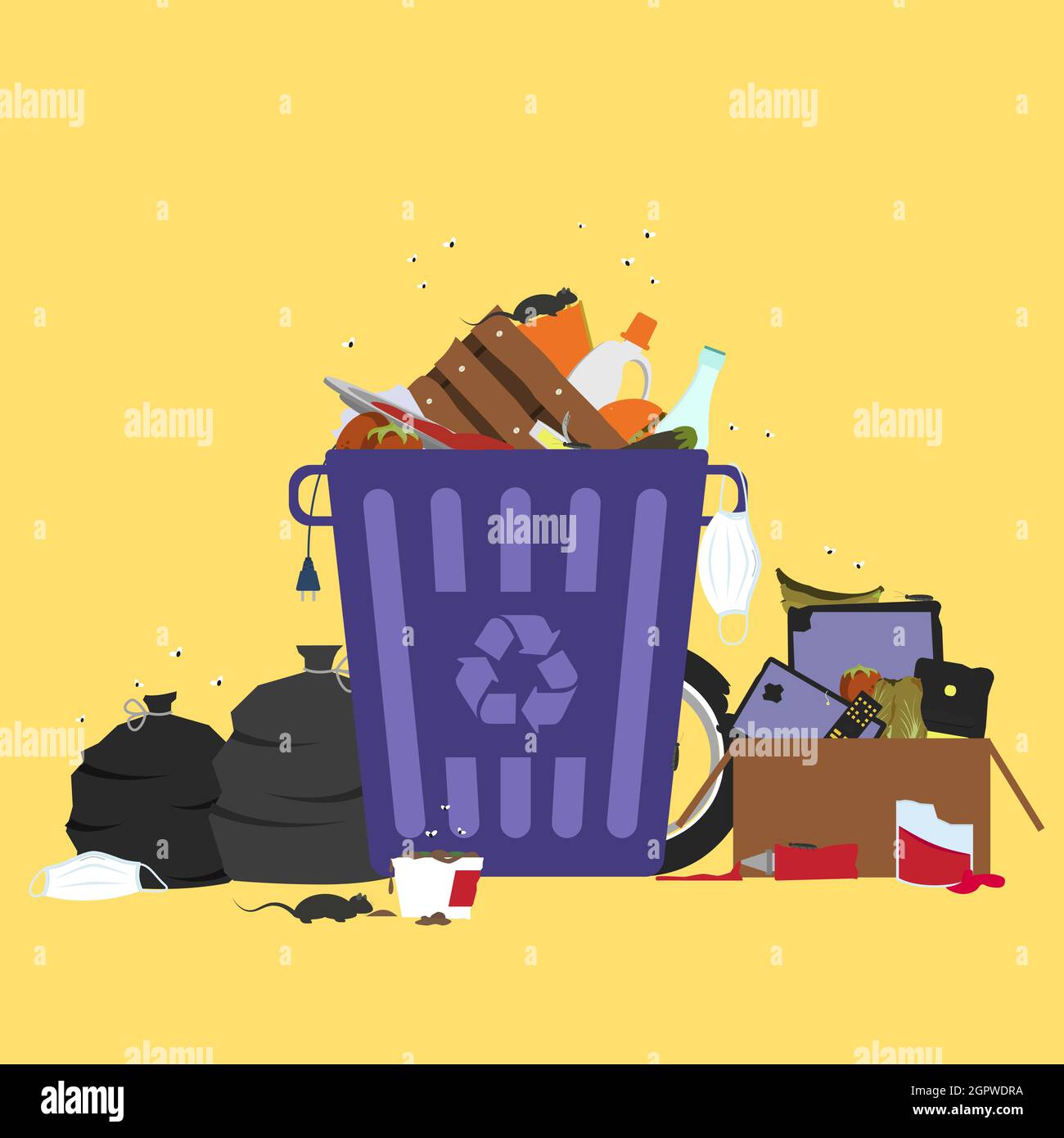 Large trash bin overflowing garbage (rotten fruit, old tires, used masks surgical, packing of plastic, metal and glass). Trash fallen to the ground. R Stock Vector