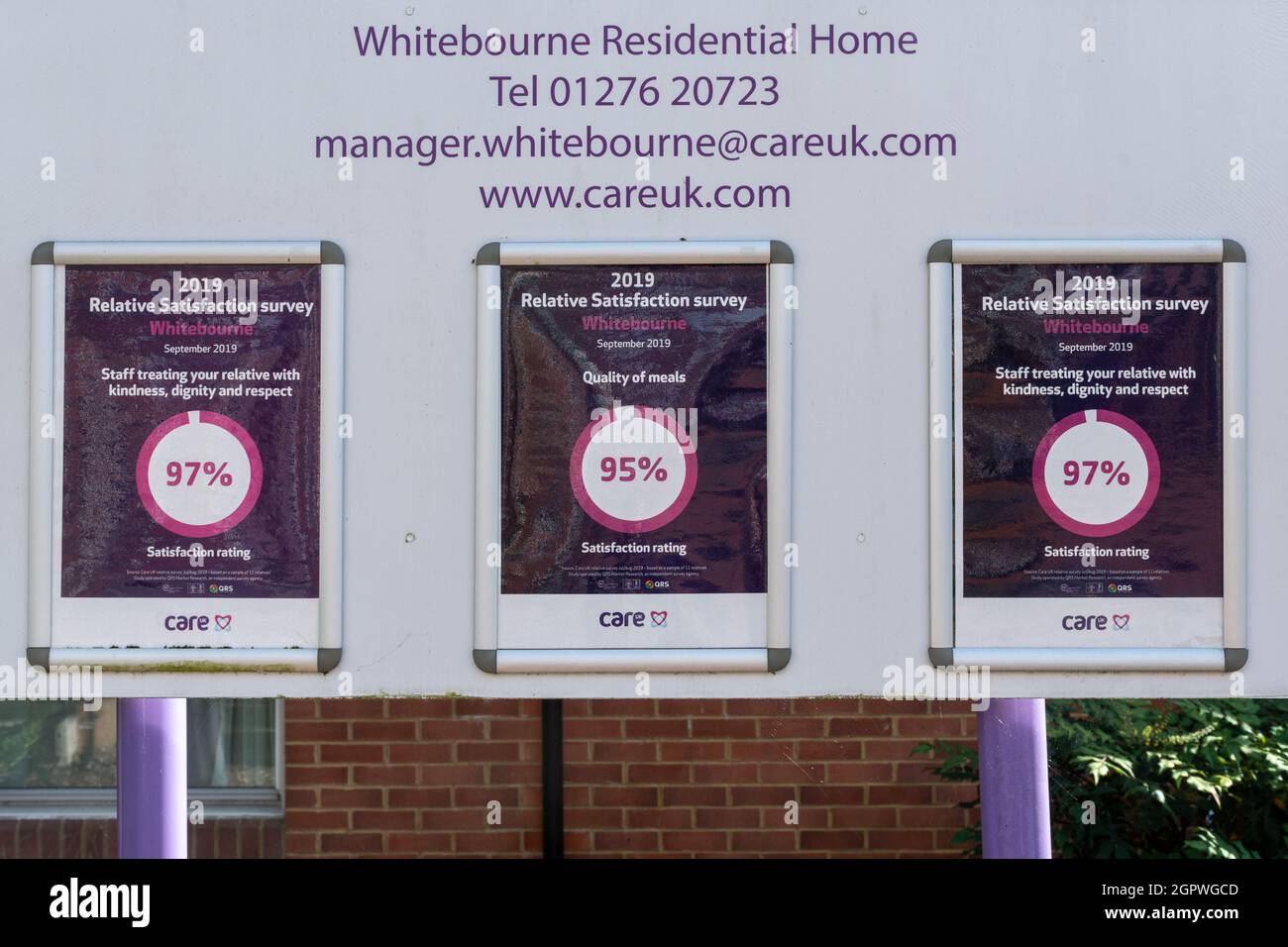 Relative satisfaction survey results displayed on a notice board outside a care home (Care UK) Stock Photo