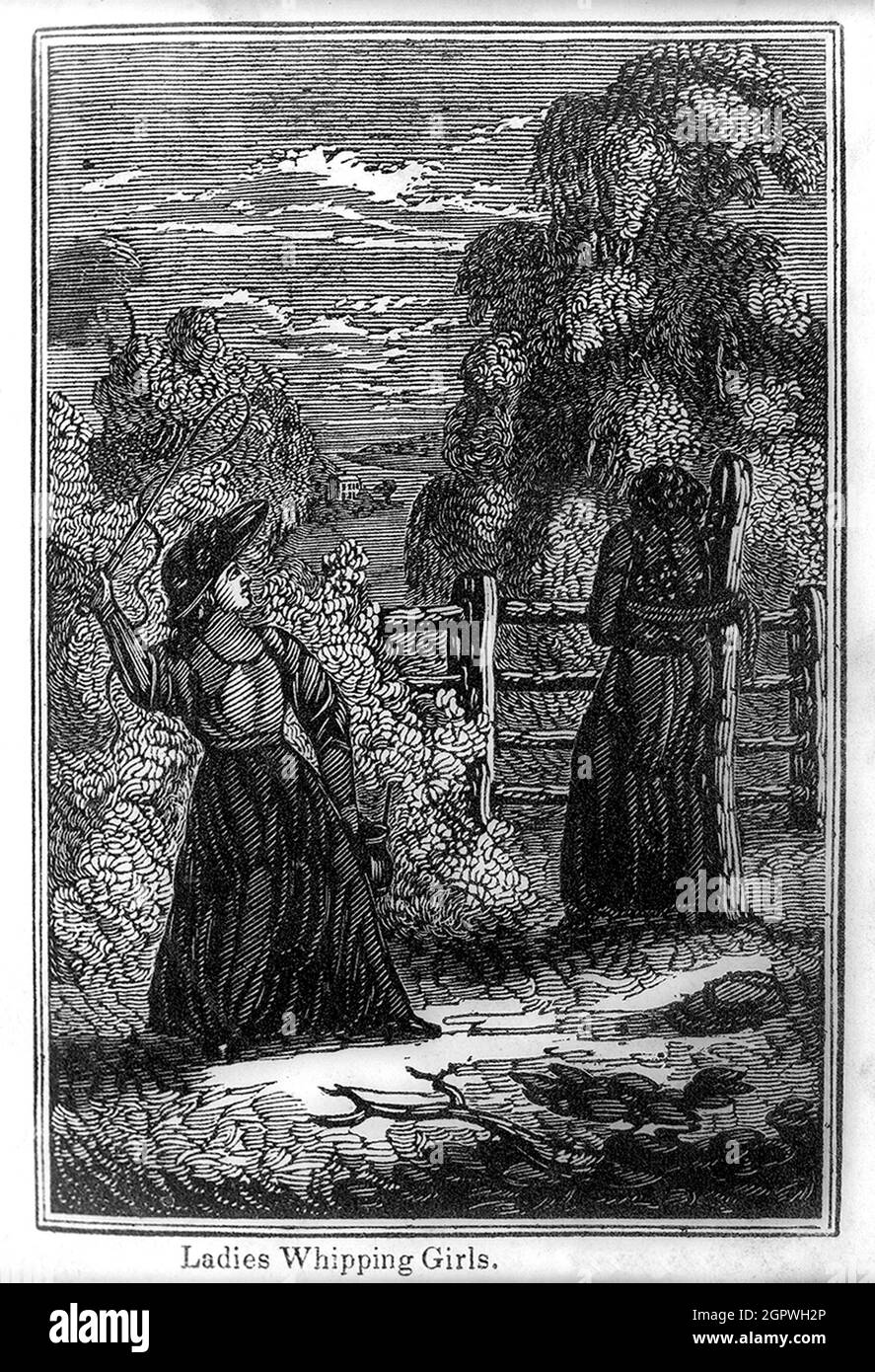 Vintage woodcut print circa 1834 entitled "Ladies whipping girls" showing an African American woman tied to a tree and being whipped by a white woman from the book Picture of slavery in the United States of America Stock Photo
