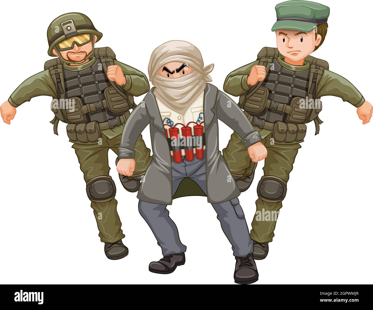 Two soilders and man with bomb Stock Vector