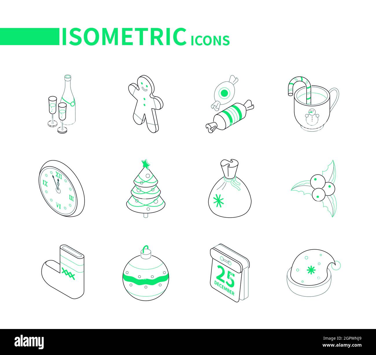 Merry Christmas and Happy New Year - modern line isometric icon set. Holiday celebration symbols. Gingerbread man, sugar cane, clock, decorated tree, Stock Vector