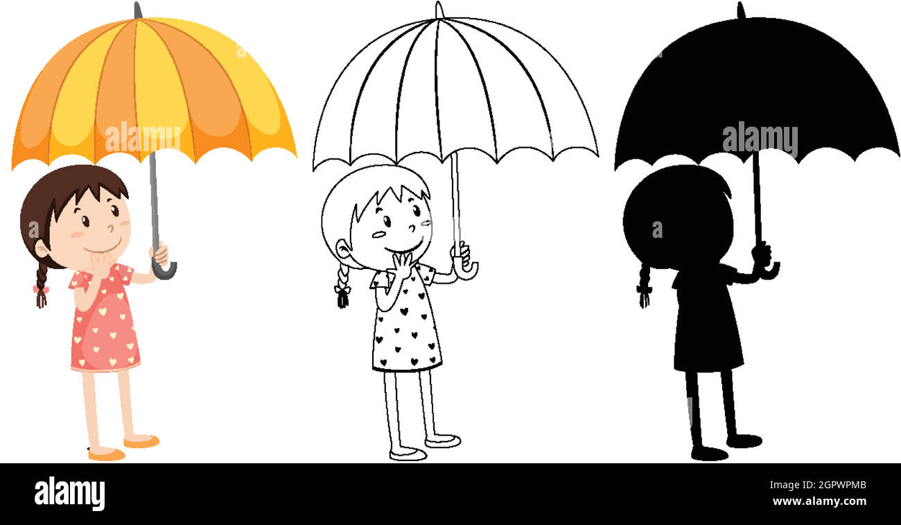 Girl holding umbrella in colour and silhouette and outline Stock Vector