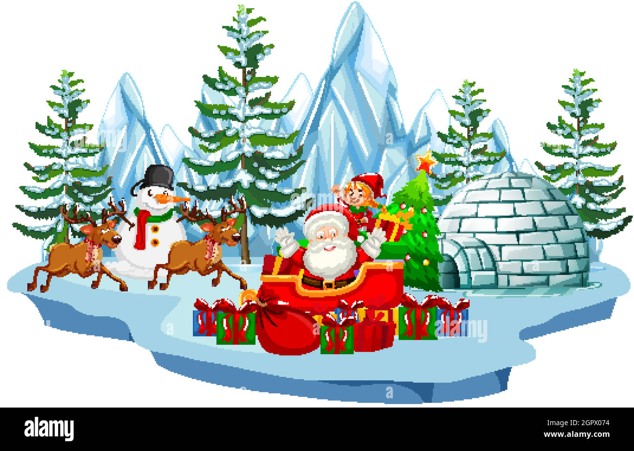 Scene with Santa and snowman in winter time Stock Vector
