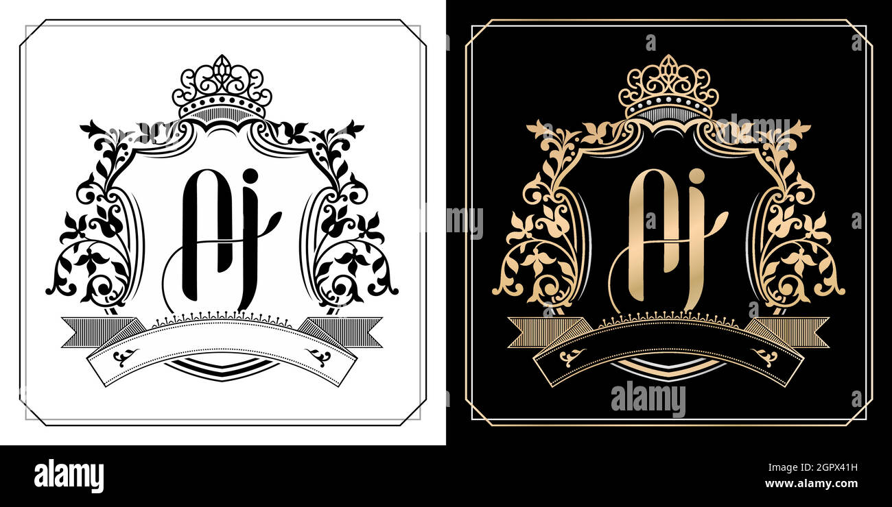 AJ royal emblem with crown, set of black and white labels, initial letter and graphic name of floral designs, AJ Monogram, for insignia, badge, emblem initial letter frames border, wedding couple name Stock Vector