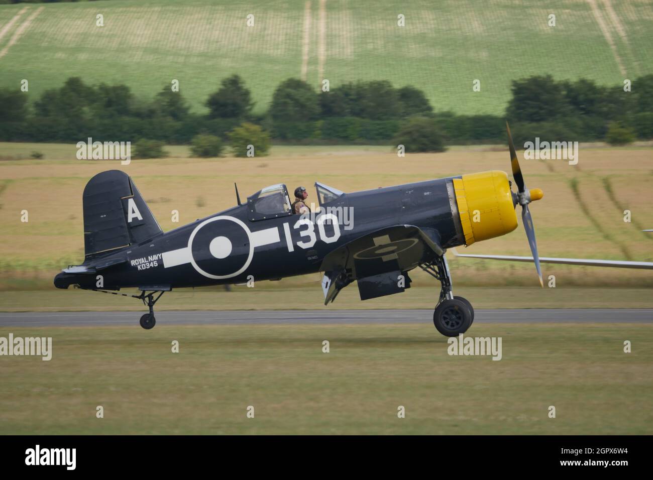 Duxford England Flying Legends Air Show JULY, 11, 2015 Chance Vought F4U Corsair. The F4U Corsair is a United States carrier based fighter aircraft used in World War II and the Korean War.  Stock Photo