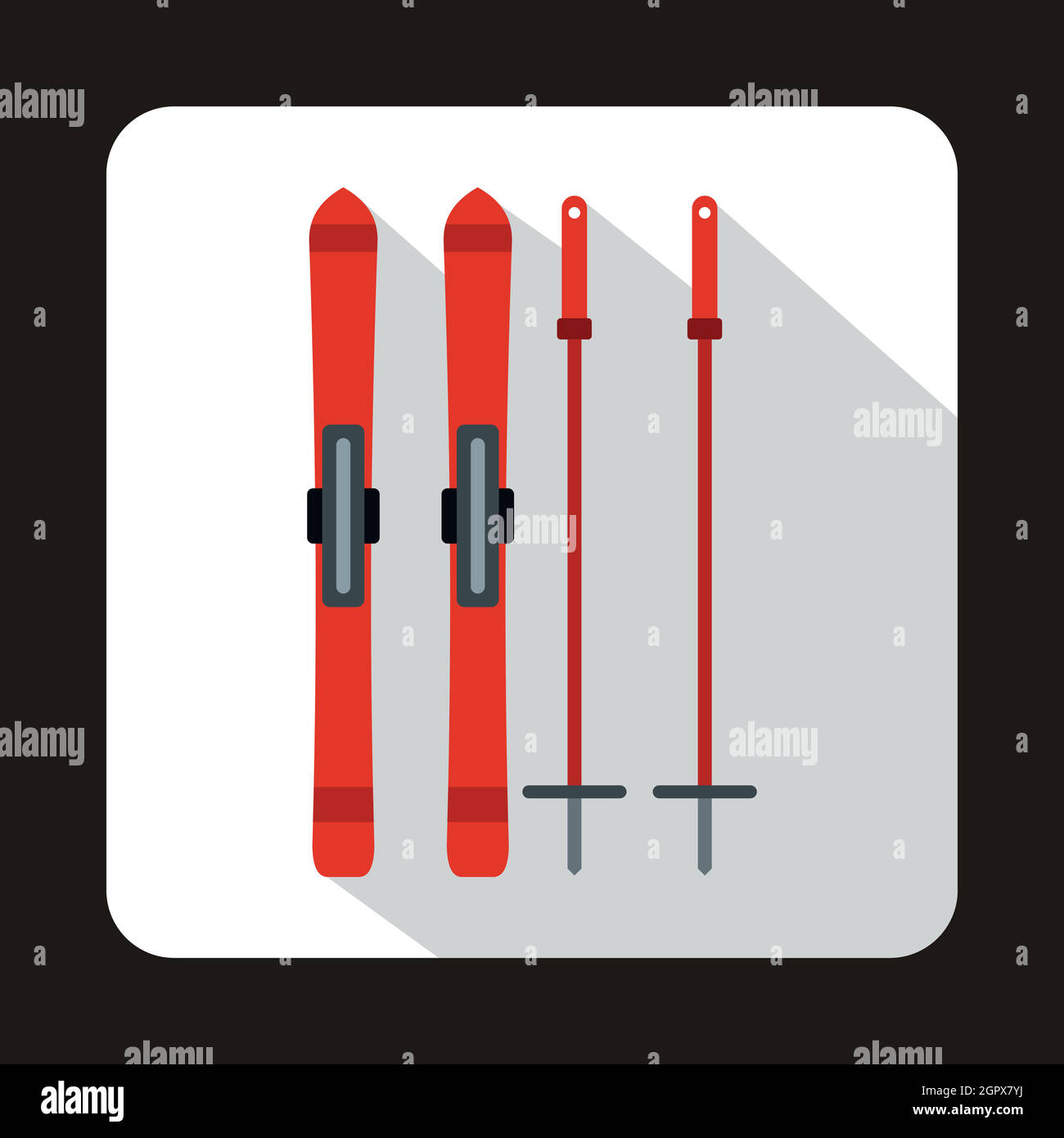 Red skis and ski poles icon, flat style Stock Vector