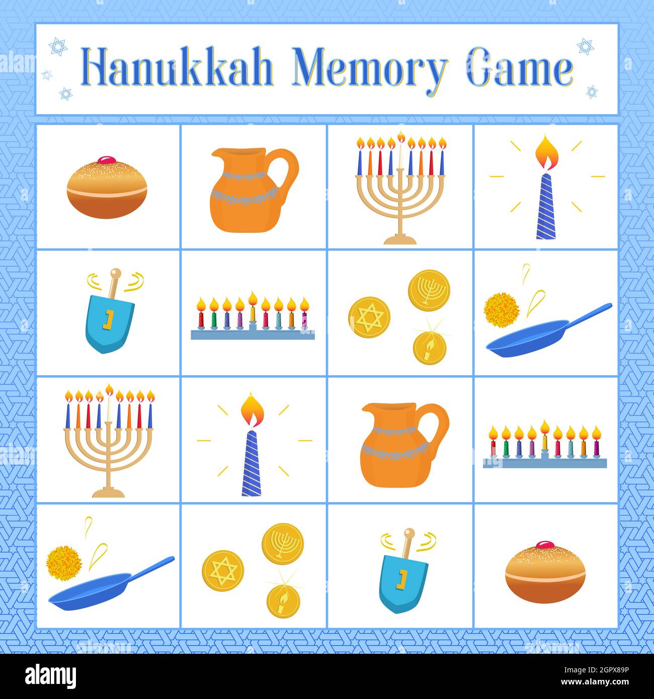 Activities for children related to Hanukkah. Memory Game with symbols of Jewish holiday Hanukkah, dreidel, donuts, oil jar, coins, latkes. Vector illu Stock Vector
