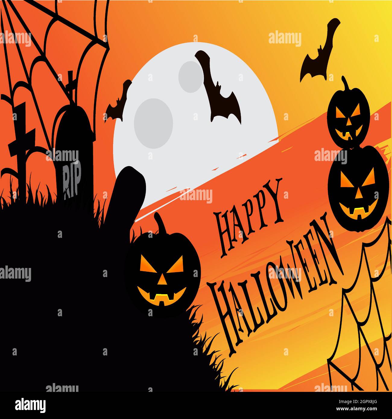 Halloween night background, pumpkins, bat, tree, moon and dark castle. Happy Halloween banner or party invitation background vector illustration. Stock Vector