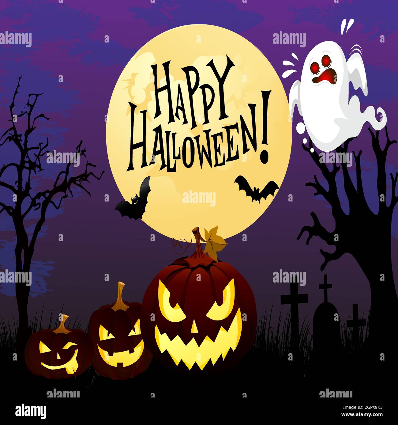 Halloween night background, pumpkins, bat, tree, moon and dark castle. Happy Halloween banner or party invitation background vector illustration. Stock Vector