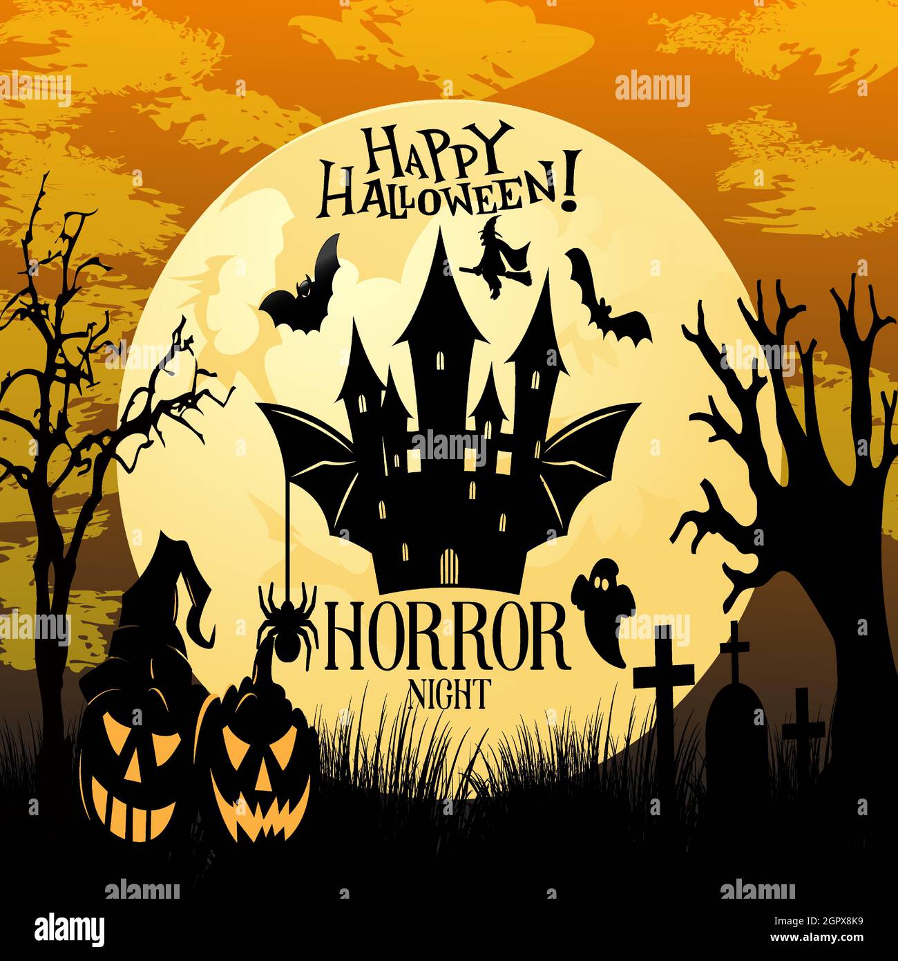 Halloween night background, pumpkins, bat, tree, moon and dark castle. Happy Halloween banner or