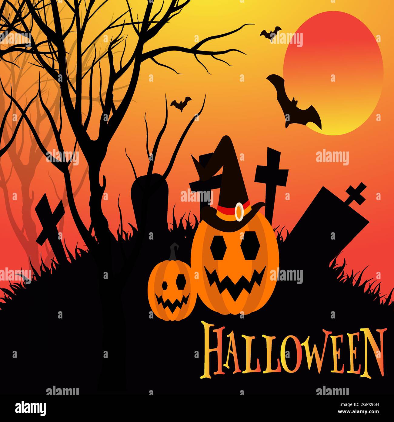 Halloween night background, pumpkins, bat, tree, moon and dark castle. Happy Halloween banner or party invitation background vector illustration. Stock Vector