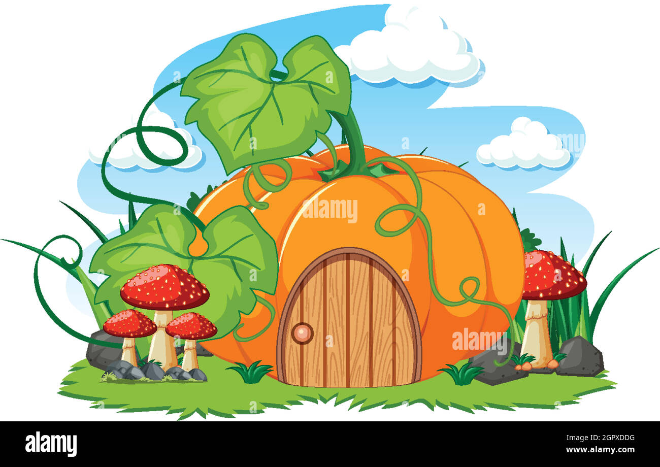 Pumpkin house and some mushroom cartoon style on white background Stock Vector