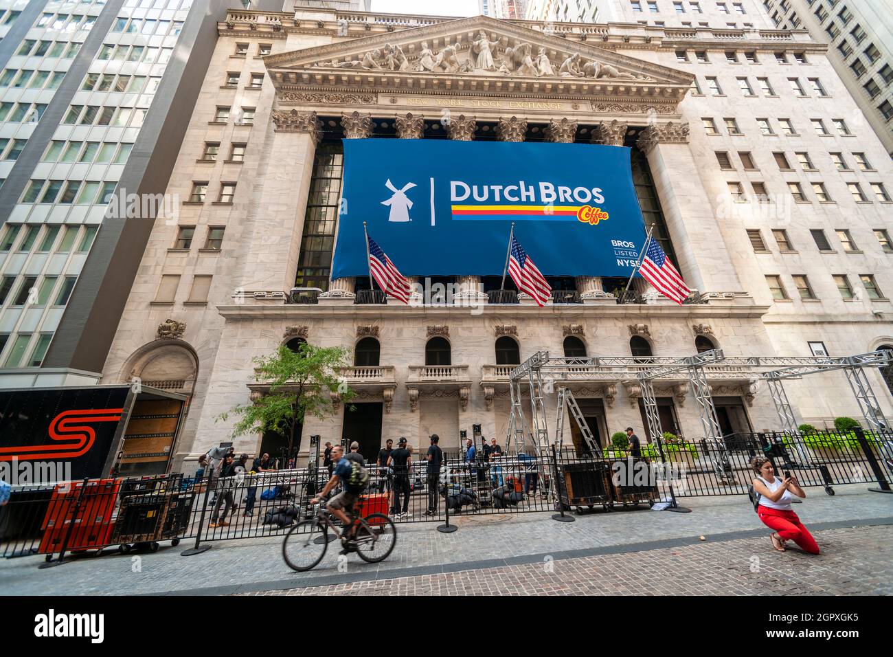 The facade of the New York Stock Exchange is decorated for the initial public offering of Southern Oregon chain, Dutch Bros coffee on Wednesday, September 15, 2021. The over 470 shops, which are drive-thru only, are in 11 states. (© Richard B. Levine) Stock Photo