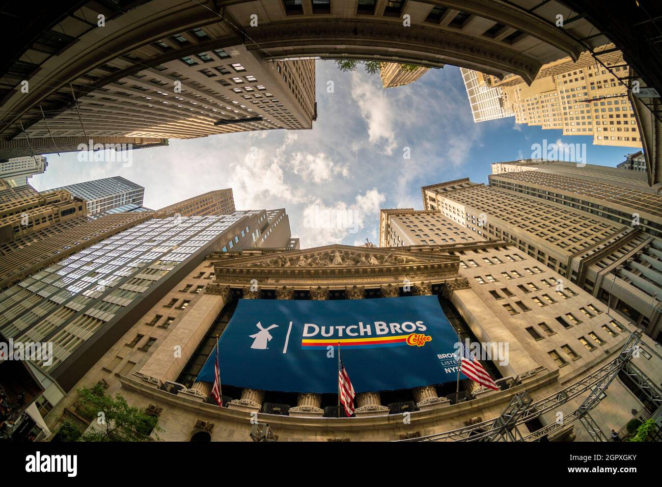 The facade of the New York Stock Exchange is decorated for the initial public offering of Southern Oregon chain, Dutch Bros coffee on Wednesday, September 15, 2021. The over 470 shops, which are drive-thru only, are in 11 states. (© Richard B. Levine) Stock Photo