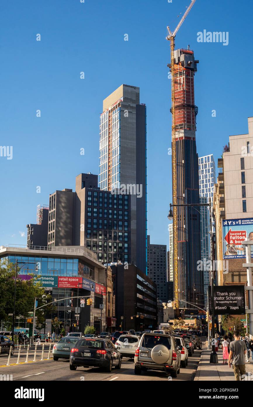 Development in Downtown Brooklyn in New York contrasts with older low rise buildings, seen from Flatbush Avenue on Sunday, September 26, 2021. Because of increased development in the area, notably hi-rise luxury apartment buildings, chain stores and high-end retailers are moving in. (© Richard B. Levine) Stock Photo