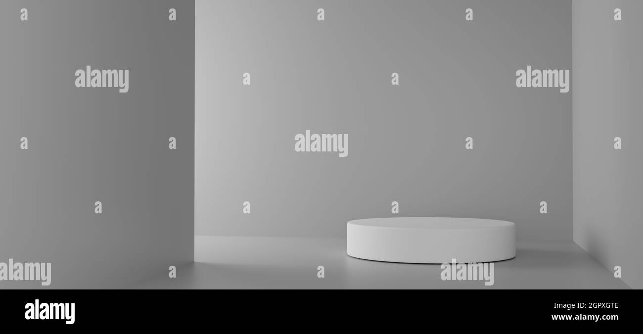Cosmetic podium product minimal scene with platform grey background 3d render. Display stand for pastel white color mock up. stand to show beauty  bac Stock Photo